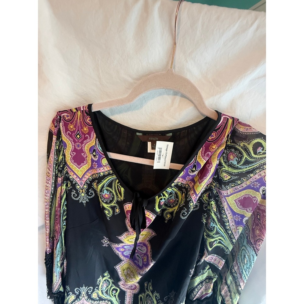 Single Galina Sobolev Silk Paisley Fringe MiniDress Black Multi Small Boho Tunic